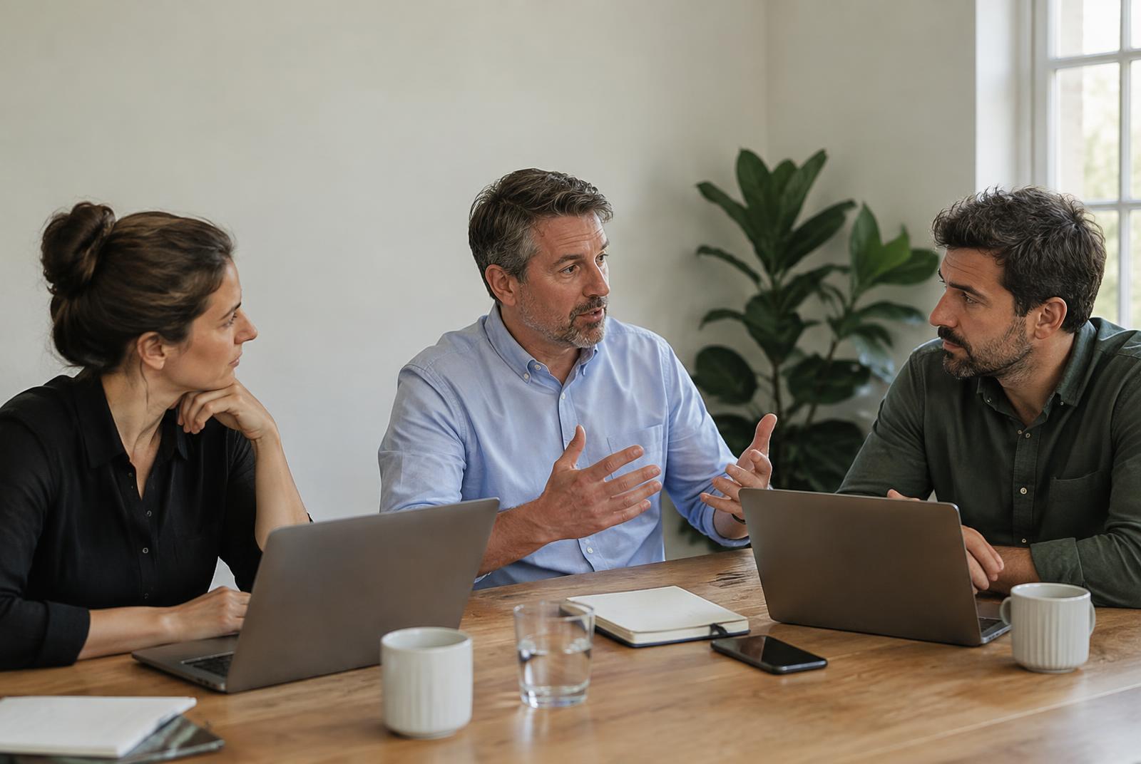 Three leaders in conversation around a table